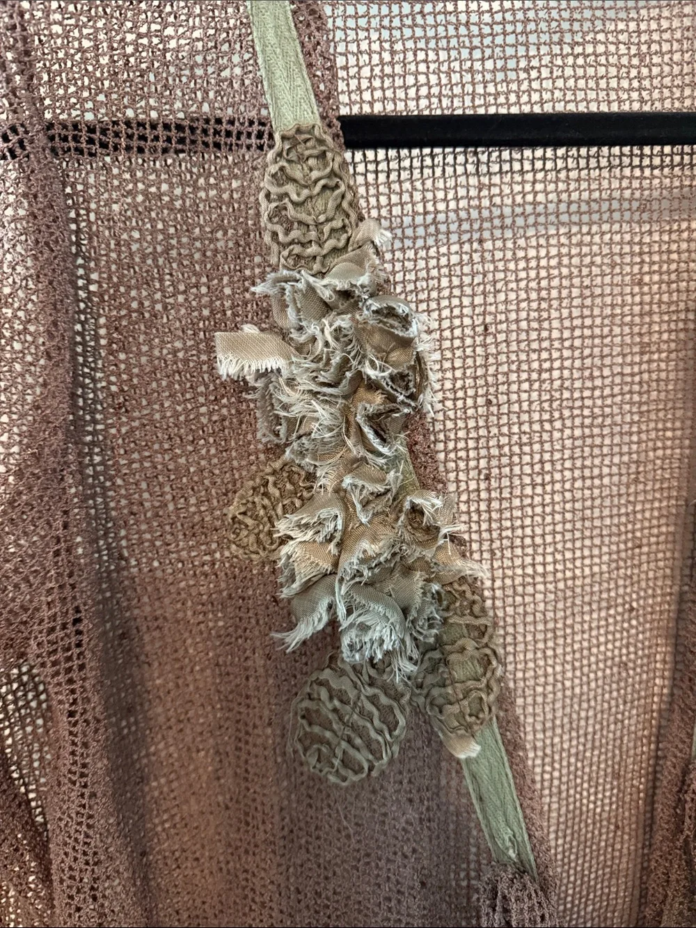 Scrap Work Linen and Cotton Blend Taupe Open-Knit Floral Trim Cardigan - Picture 7 of 7